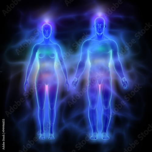 Human energy body (aura) with chakras - woman and man photo
