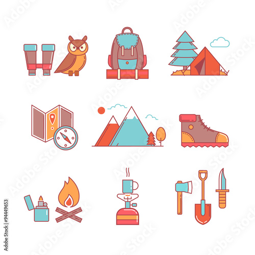 Forest and mountains hiking thin line icons set photo