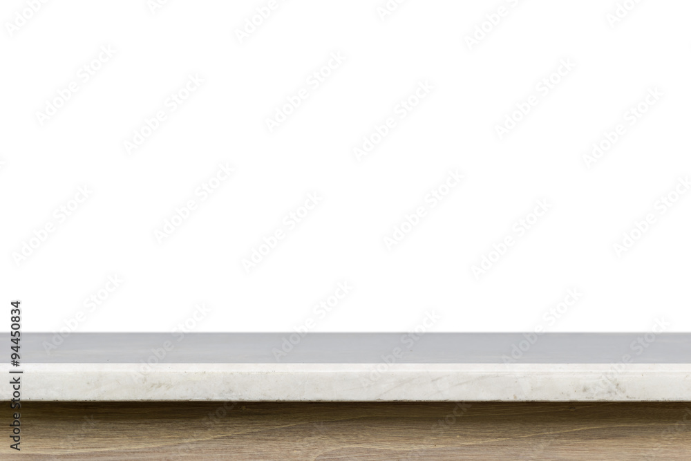 Empty top of white mable stone table isolated on white backgroun Empty top of white mable stone table isolated on white backgroun