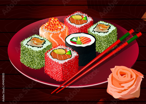 Sushi rolls on red plate, with sticks and ginger, vector illustration