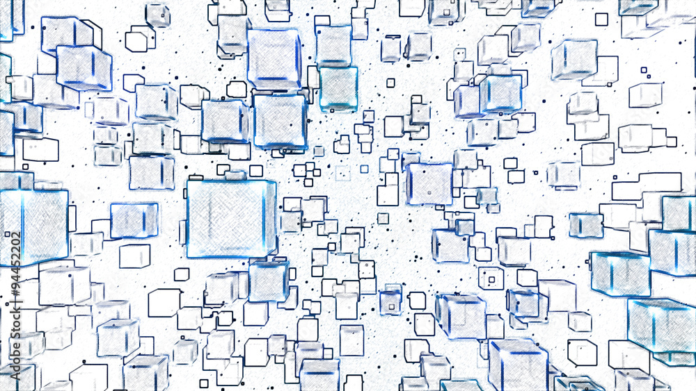 Abstract Floating Cubes Sketch Illustration - Blue