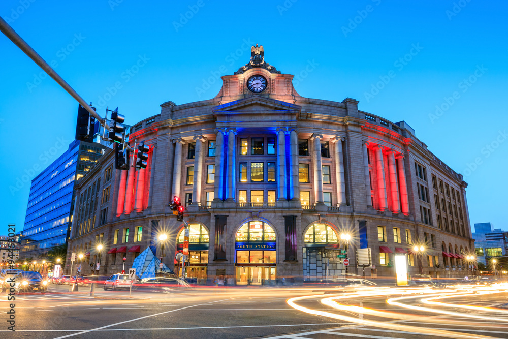 Exterior of the South Station, in Boston, Massachusetts.