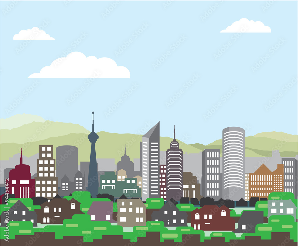 Fototapeta premium Cityscape Hills Vector homes and skyscrapers
