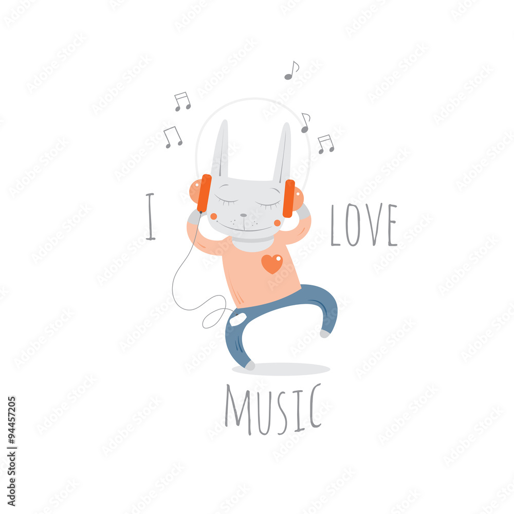 Obraz premium Children's postcard with cartoon little rabbit listening to music in earphones. Vector image.