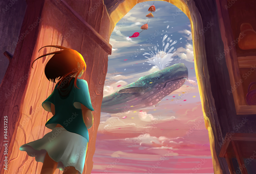 Fototapeta premium Illustration: That day when the girl opened the door, she saw a scene she will never forget - A whale in the sky. Song of the Sea Series. Fantastic/Realistic/Cartoon. Wallpaper/Background/Scene Design