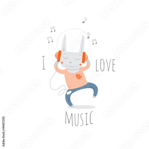 Children's postcard with cartoon little rabbit  listening to music in earphones. Vector image.