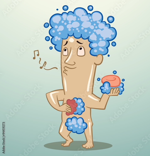 Vector man in the bathroom. Cartoon image of a man in the soap suds with soap and sponge bath in hand, whistling a tune in a bathroom on a light blue background