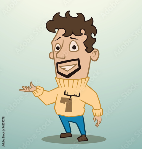 Vector man with a beard. Cartoon image of a man with dark hair and a beard in blue pants and yellow sweater with a deer on a light blue background.