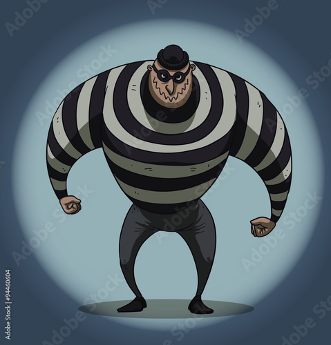 Vector cartoon image of a big robber in black pants and a striped jacket with a mask on his face on the background of a ball of light on a blue background.
