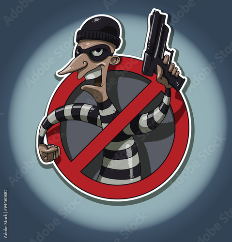 Vector cartoon image of a robber in a striped jacket with a mask on his face with a gun in his hand in the sign ban red color on the background of a ball of light on a blue background.
