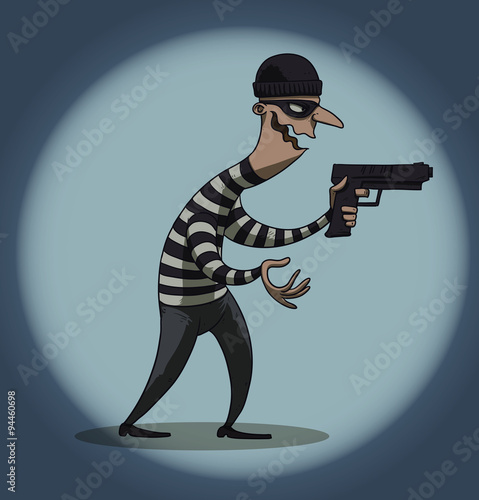 Vector cartoon image of a robber in black pants and a striped jacket with a mask on his face with a gun in his hand on the background of a ball of light on a blue background.
