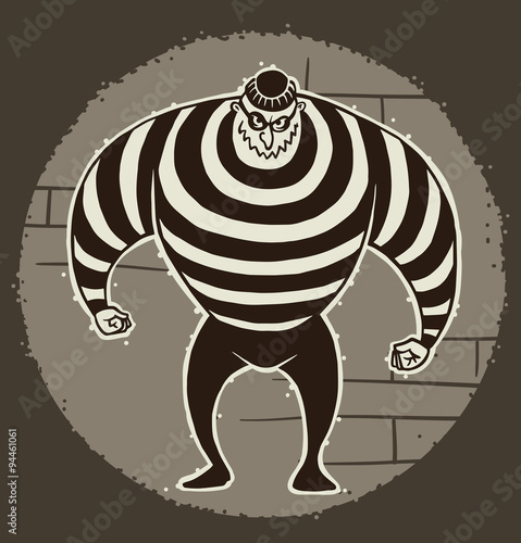 Vector cartoon image of a big robber in black pants and a striped jacket with a mask on his face on the background of a ball of light. Pictured in a retro style.