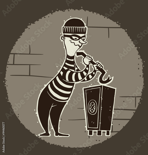 Vector cartoon image of a robber in black pants and a striped jacket with a mask on his face opens safety deposit boxes on the background of a ball of light. Pictured in a retro style.