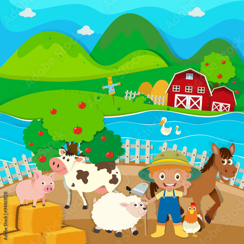 Farm theme with farmer and farm animals