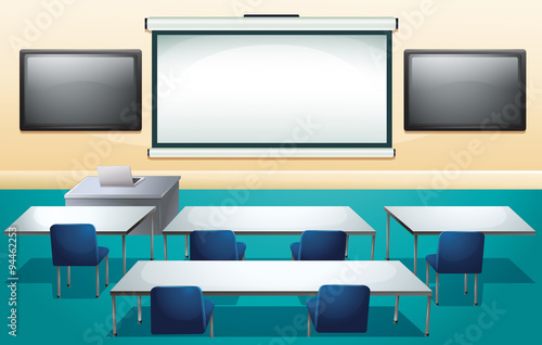 Classroom with screens and tables