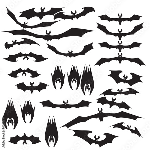 Set bats Halloween vector illustration hanging upside down and in flight, to print labels and office decoration, crafts, template for cutting