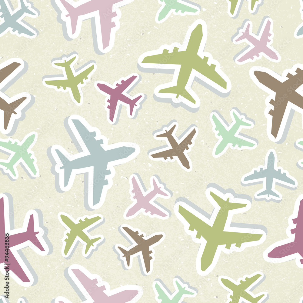 Seamless vector pattern with colorful airplanes in pastel colors.