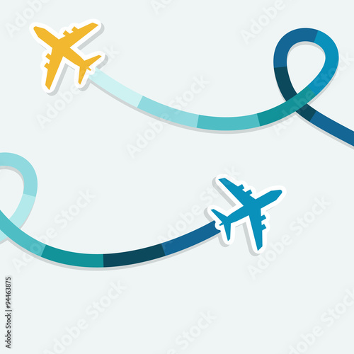 Card with two planes and colored trace of them. Vector background with place for text.