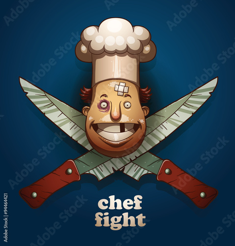 Vector chef  fight color emblem, knifes. Cartoon emblem of chef  fight with the image of beaten face chef at chef's hat and crossed knifes on a dark blue background. Done in color.