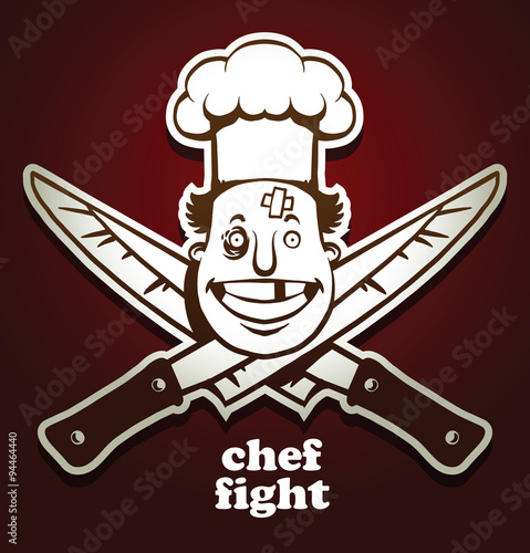 Vector chef  fight emblem, knifes. Cartoon emblem of chef  fight with the image of beaten face chef at chef's hat and crossed knifes on a dark red background. Done in monochrome style. 