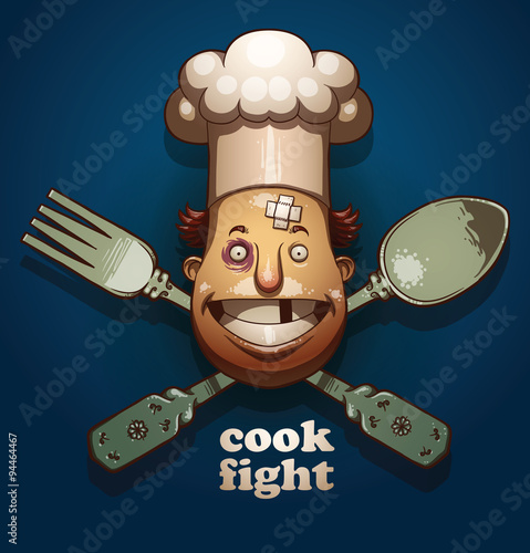 Vector cook fight emblem, spoon and fork. Cartoon emblem of cook fight with the image of beaten face chef in chef's hat and crossed spoon and fork on a dark blue background. Done in color.