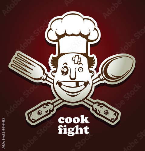 Vector cook fight emblem, spoon and fork. Cartoon emblem of cook fight with the image of beaten face chef at chef's hat and crossed spoon and fork on a dark red background. Done in monochrome style.