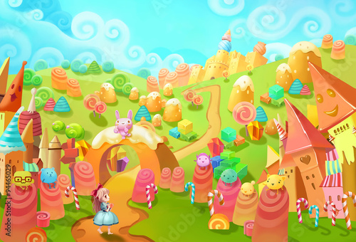 Illustration  Welcome to the Candy Land  The little princess lost in forest and meet the little candy world. Those candy creatures saw her too. Welcome  they seems said. - Fantastic Style Scene Design