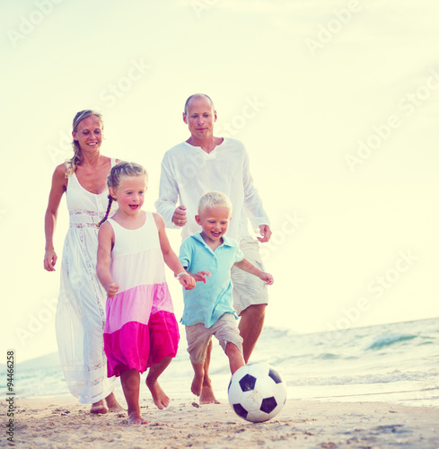 Family Playing Beach Soccer Football Leisure Summer Concept