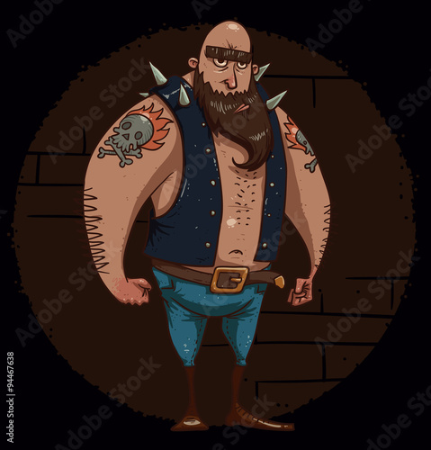 Vector biker with a tattoo. Cartoon image of a biker with a brown beard, wearing blue jeans and a dark blue vest with studs with tattoos on his shoulders on a dark background.