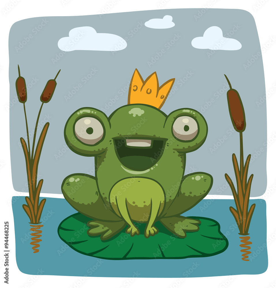 Obraz premium Vector happy frog prince. Cartoon image of a happy green frog prince with a golden crown, sitting on a green leaf of water lilies in a pond on a light blue heavenly background.