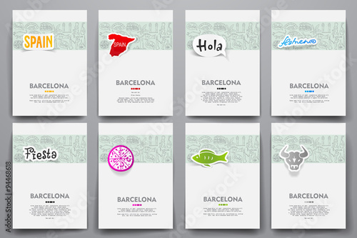 Corporate identity vector templates set with doodles Barcelona theme
