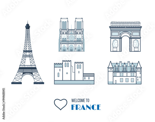  French Landmarks.. Eiffel tower, Notre Dame in Paris, France