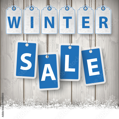 Winter Sale Price Stickers Wooden Background