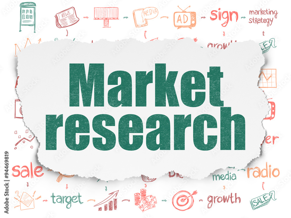 Obraz premium Advertising concept: Market Research on Torn Paper background