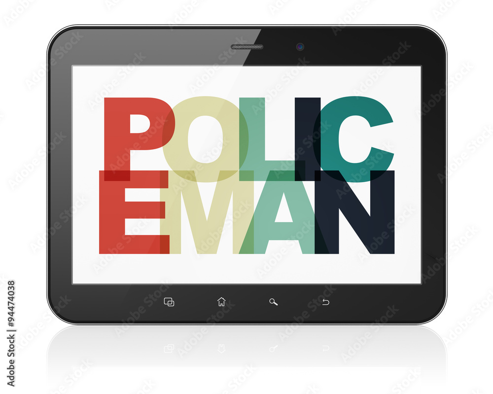 Law concept: Tablet Computer with Policeman on display Law concept: Tablet Computer with Policeman on display