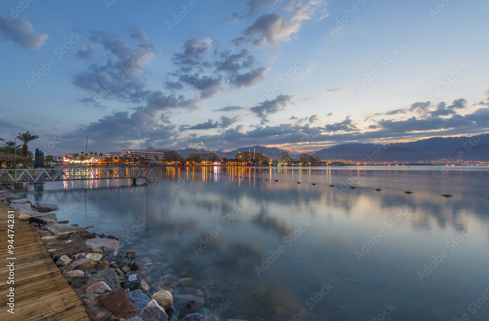 Morning view on the Aqaba gulf and resort hotels of Eilat, Israel