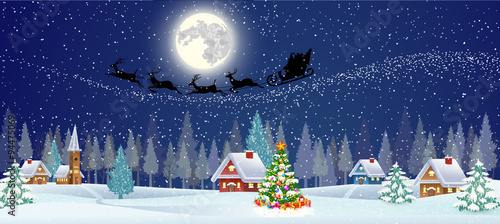 background  with christmas tree and night village