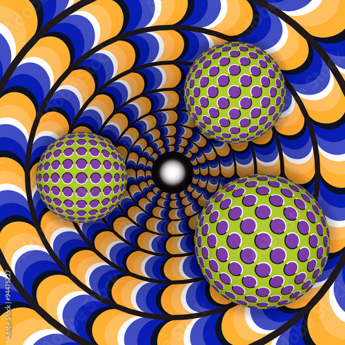Optical illusion of rotation of three ball around of a moving hole. Abstract background.