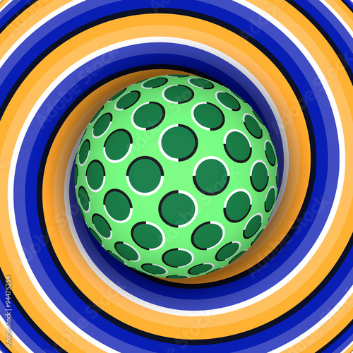 Optical illusion of rotation of the ball against the background of a moving spiral.