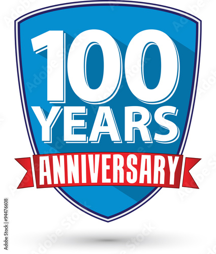 Flat design 100 years anniversary label with red ribbon, vector