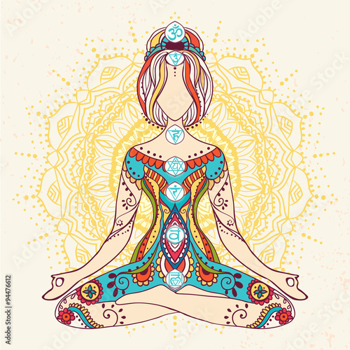 Ornament beautiful card with Vector yoga Geometric element hand drawn Types practices is Raja, Karma, Jnana, Bhakti, Hatha, kaleidoscope medallion yoga india arabic For logos banners flyers