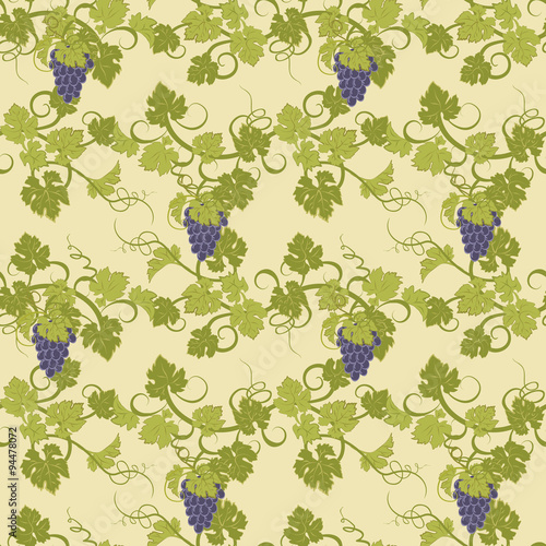 Seamless texture with vines and bunches of grapes.