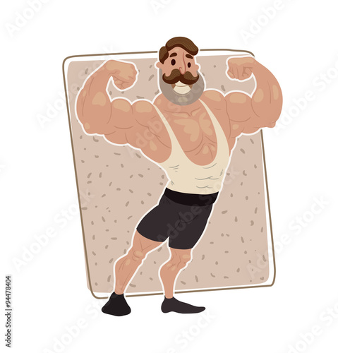 Vector retro athlete in black shorts and a white t-shirt. Cartoon image of a retro athlete, with brown hair and a mustache in black shorts and a white t-shirt on a mottled beige background.