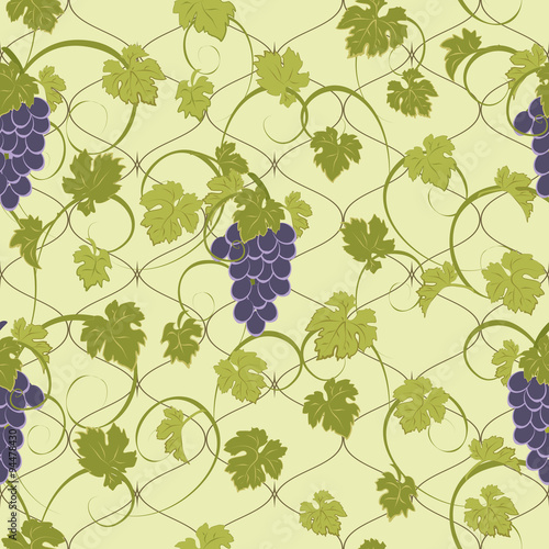 Seamless texture with vines and bunches of grapes.