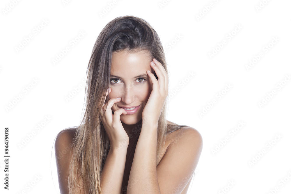 Beautiful young woman with clean skin of the face. Pretty female posing on white background Beautiful young woman with clean skin of the face. Pretty female posing on white background