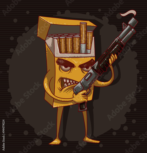 Vector cigarettes kill, yellow. Cartoon image of a yellow pack of cigarettes with a face, arms and legs, with a shotgun in his hands on a dark background. The theme of the fight against smoking.