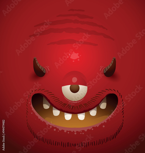Vector monster background red. Cartoon image of a smiling face red monster background with one eye, two horns, mouth and beard.