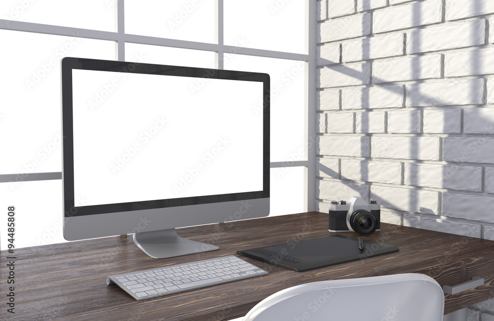 Fototapeta premium 3D illustration PC screen on table in office, Workspace