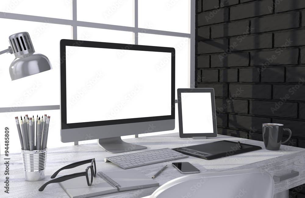 Fototapeta premium 3D illustration PC screen on table in office, Workspace