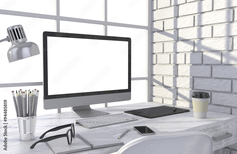 3D illustration PC screen on table in office, Workspace 3D illustration PC screen on table in office, Workspace